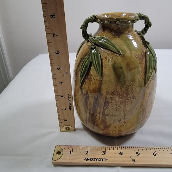 Vintage Handmade Glazed Pottery 8" Tall Earth Tones Bamboo Leaf DetailVase Sign - Picture 11 of 11